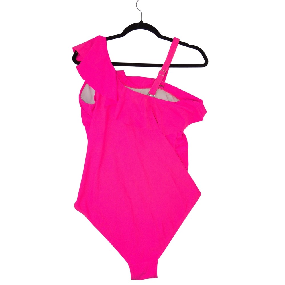 Womens Neon‎ Pink One Shoulder Ruffle One Piece Swimsuit Size 16W XL